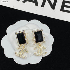 Black Rectangle & Interlocking-C Drop Earrings