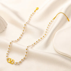 304 Stainless Steel Pearl-Look Bead V-Motif Necklace