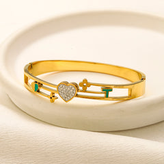 304 Stainless Steel Color-Block Heart & Letter Bangle Bracelet