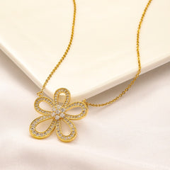 304 Stainless Steel Openwork Pave Flower Pendant Necklace