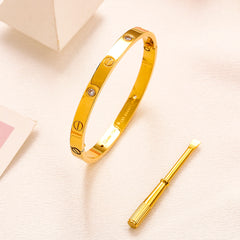 304 Stainless Steel Stone-Accent Screw-Detail Bangle Bracelet