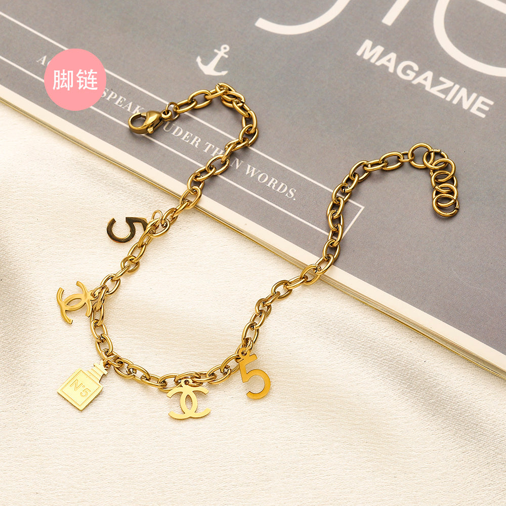 304 Stainless Steel Padlock & Emblem Charm Anklet