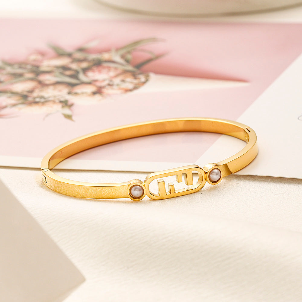 304 Stainless Steel F-Motif Stone-Accent Bangle Bracelet
