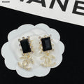 Black Rectangle & Interlocking-C Drop Earrings