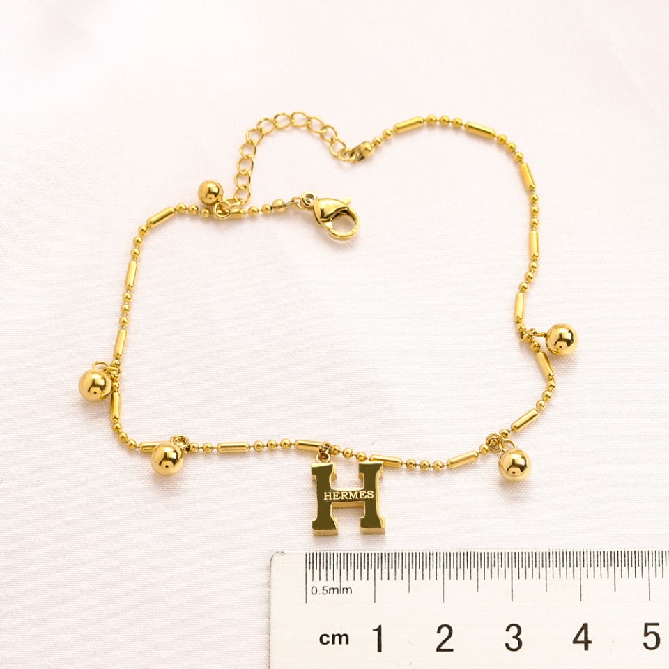 304 Stainless Steel H-Charm Anklet with Round Stations