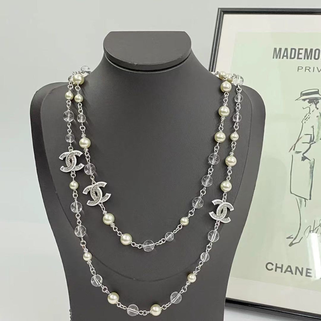 Silver Tone Faux Pearl Sweater Necklace, White Enamel, Sequins & Clear Beads