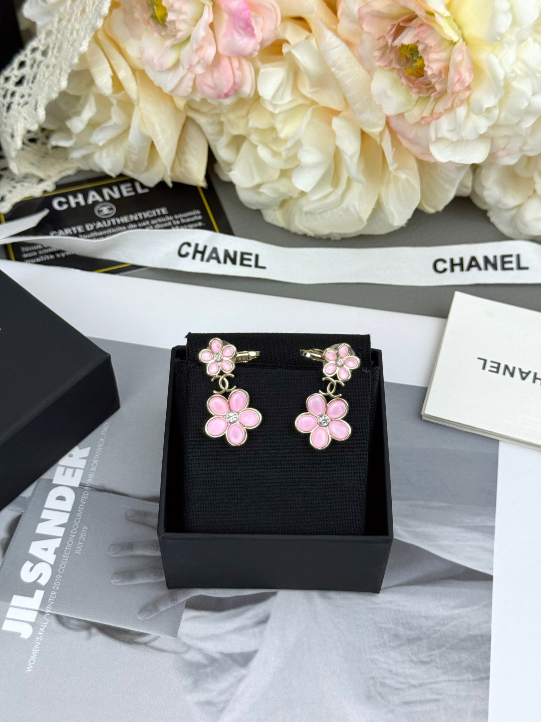 Pink Double Flower Drop Earrings