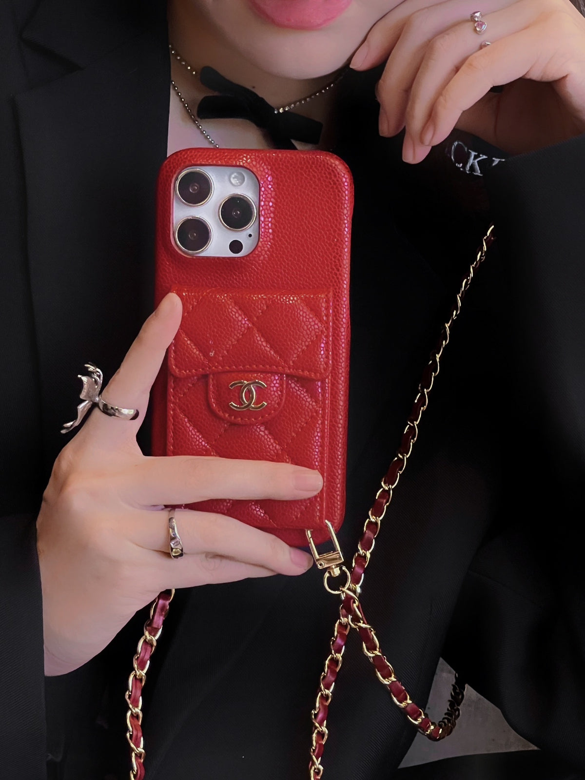 Quilted Phone Case with Emblem Clasp and Chain