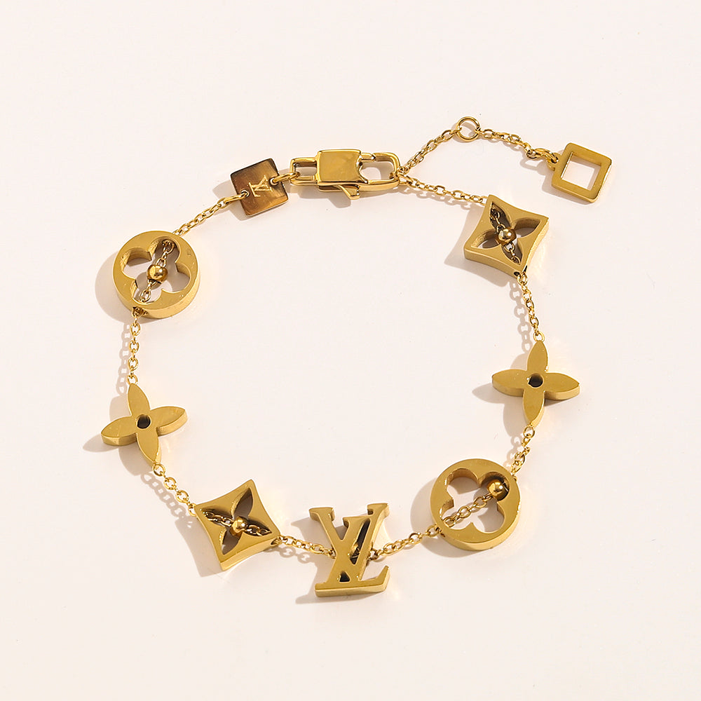 304 Stainless Steel Geometric Floral Monogram Link Bracelet