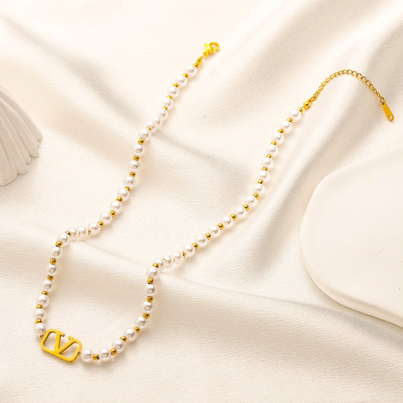 304 Stainless Steel Pearl-Look Bead V-Motif Necklace