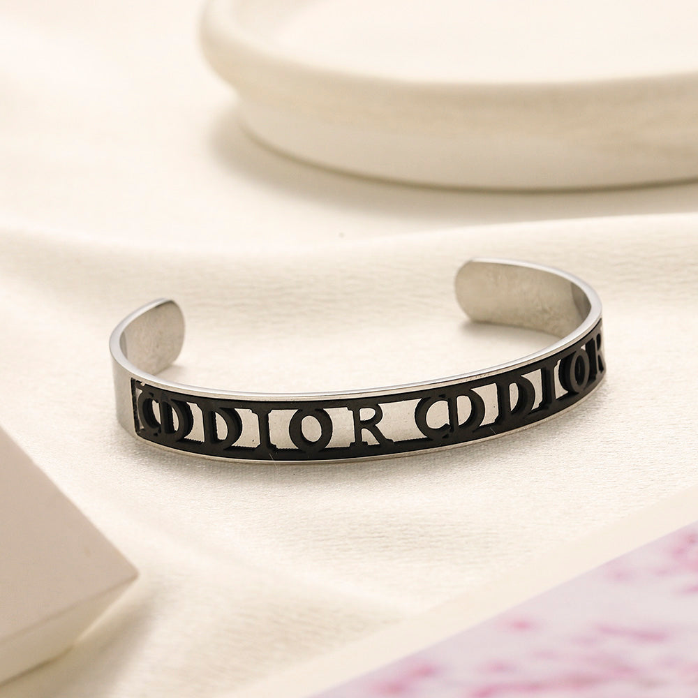 304 Stainless Steel Black-Inlay Lettering Cuff Bracelet