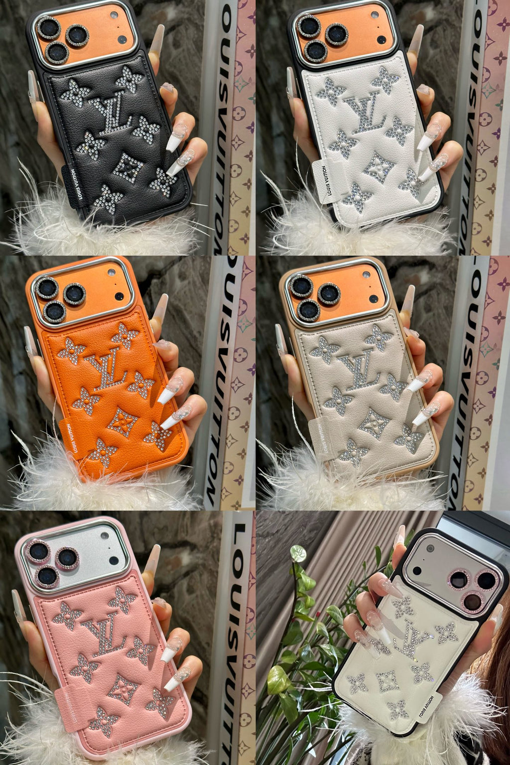 Funda de teléfono acolchada con monograma y detalles brillantes
