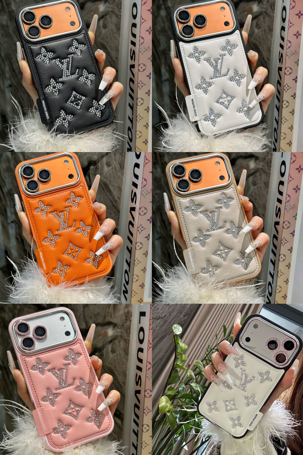 Funda de teléfono acolchada con monograma y detalles brillantes