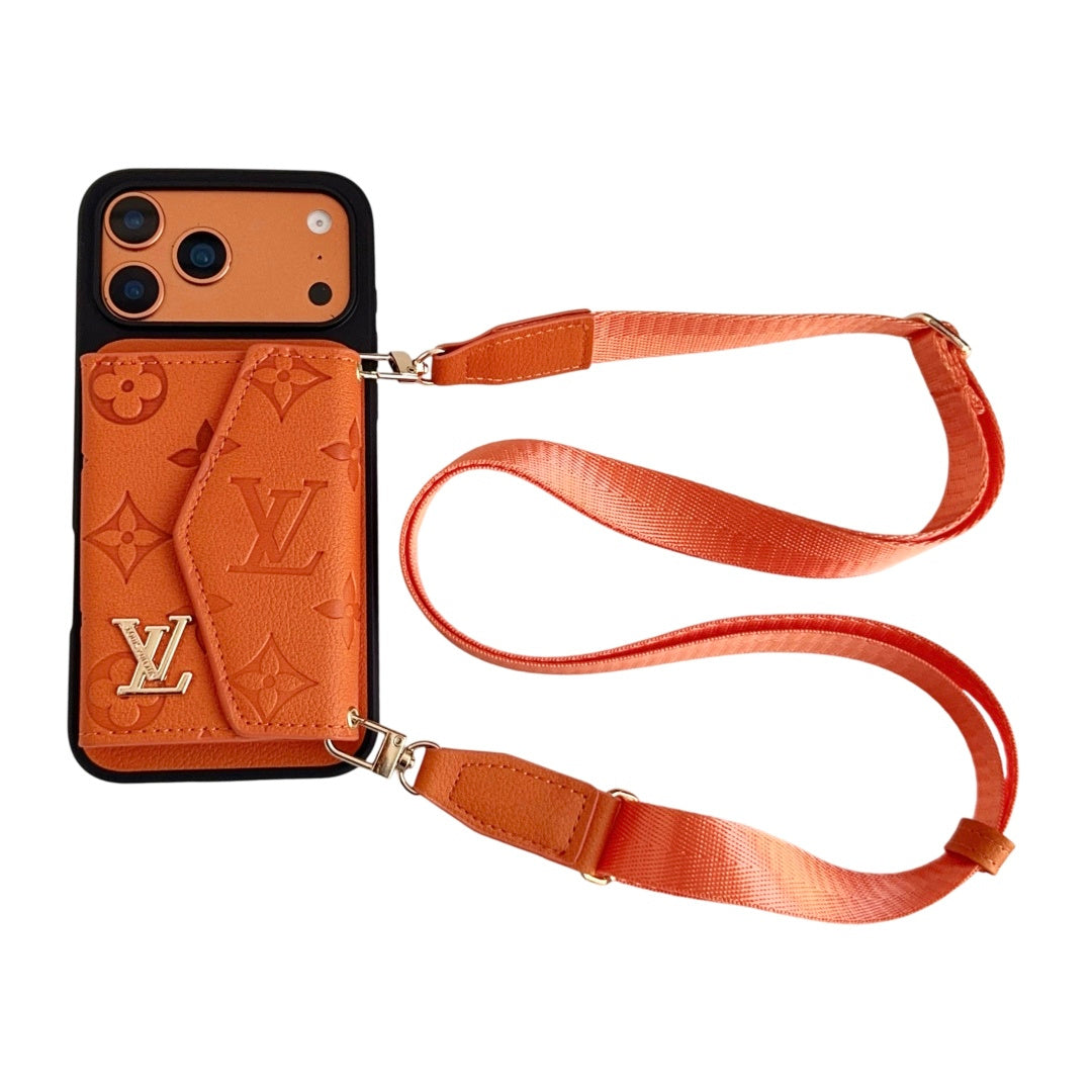 Embossed Letter Phone Case with Card Pocket and Strap