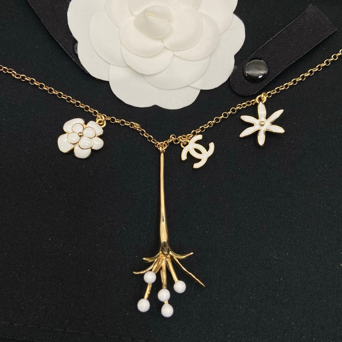 Gold Tone Enamel Floral Charm Choker Necklace with Pearl Accents