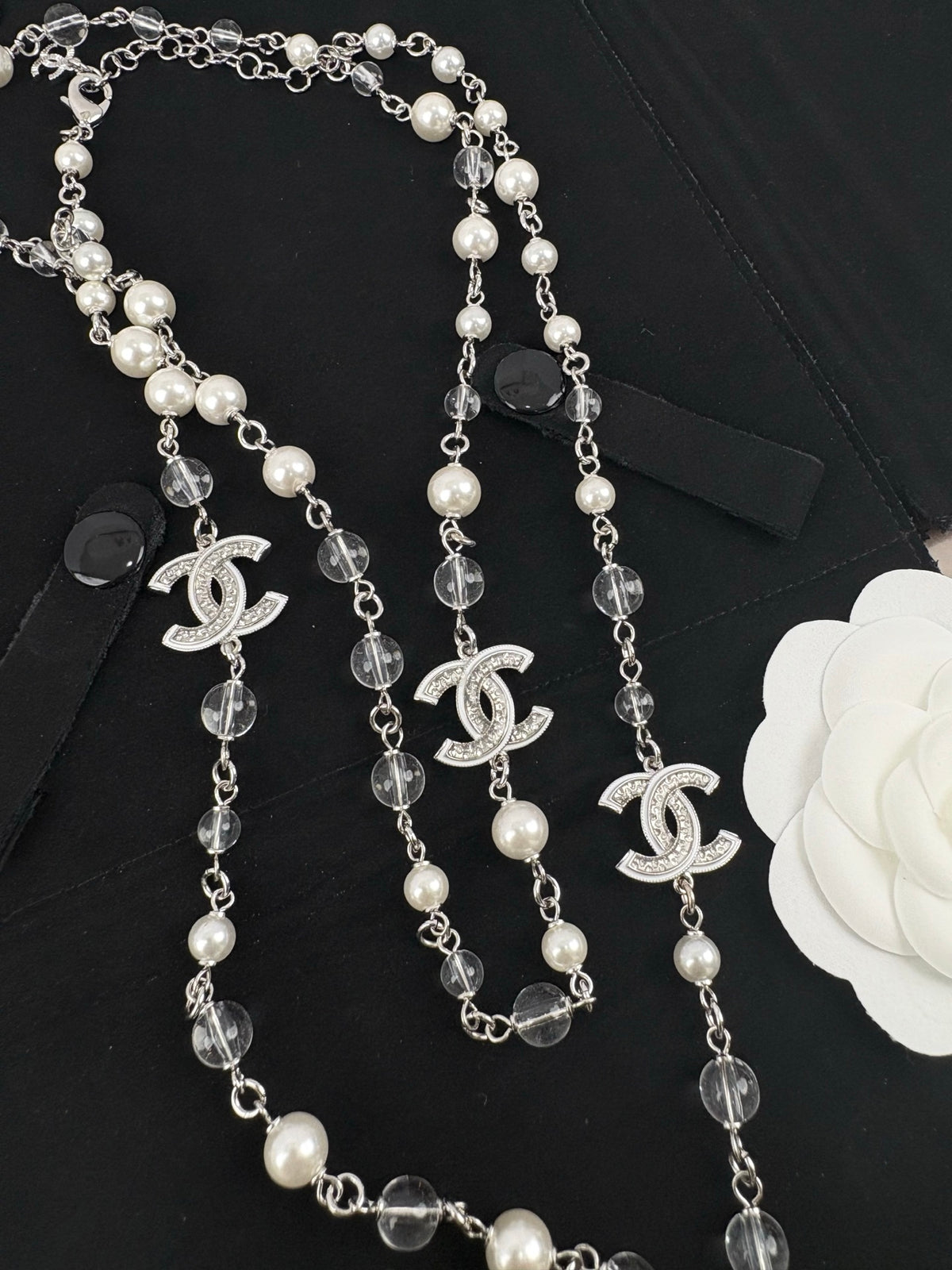 Silver Tone Faux Pearl Sweater Necklace, White Enamel, Sequins & Clear Beads