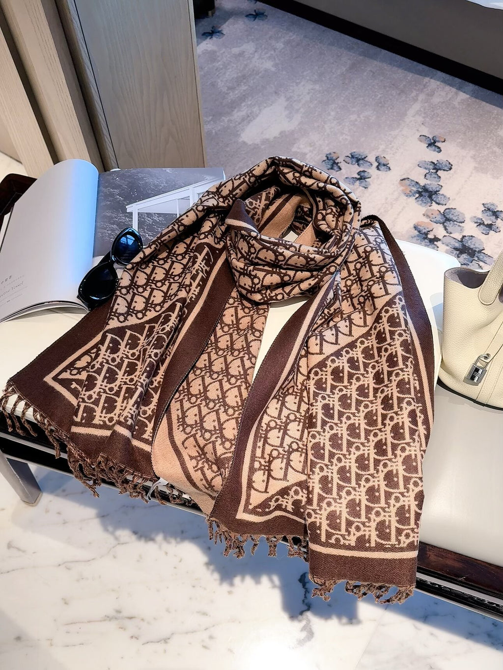 Allover Monogram Border Scarf with Fringe