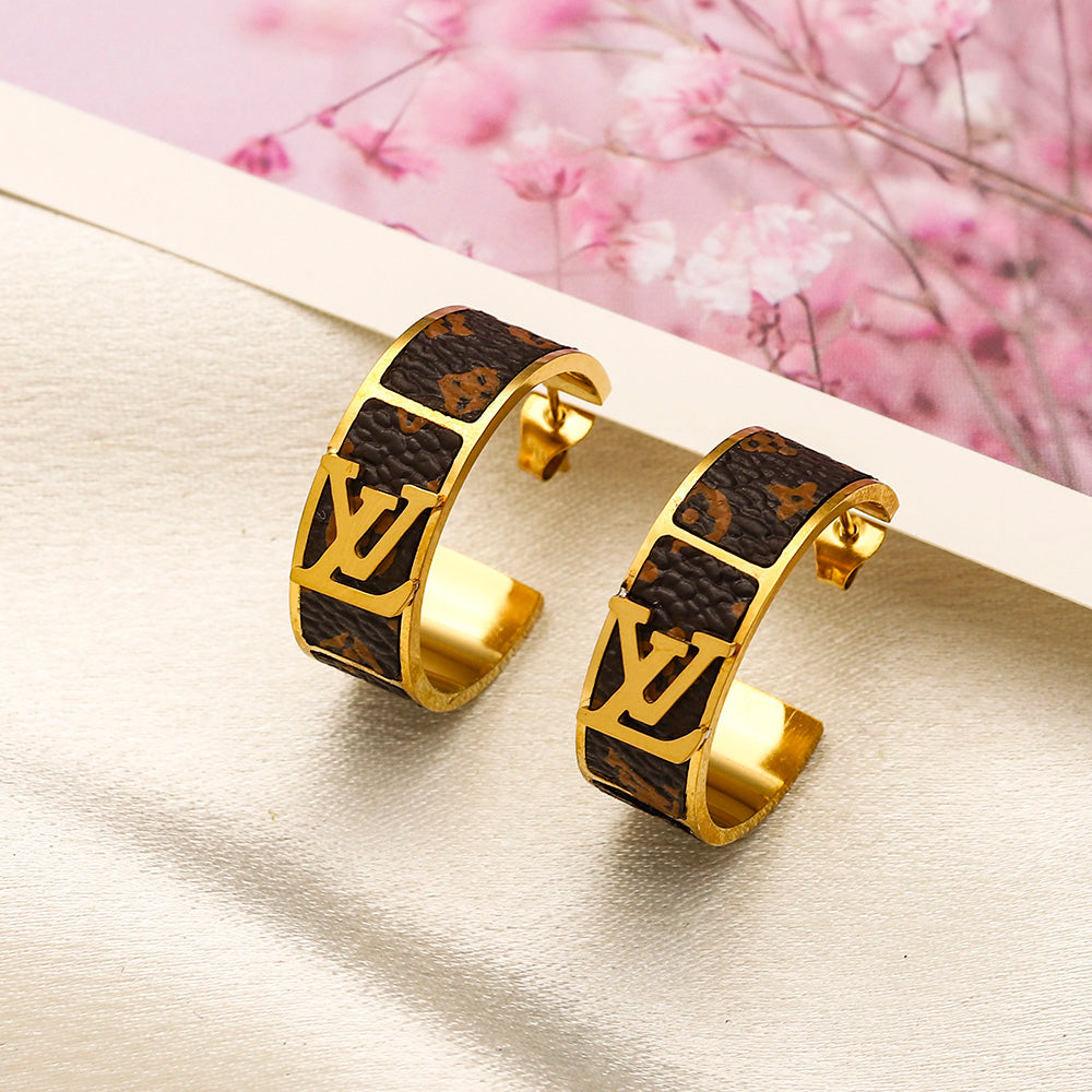 304 Stainless Steel Black Inlay Monogram Hoop Earrings