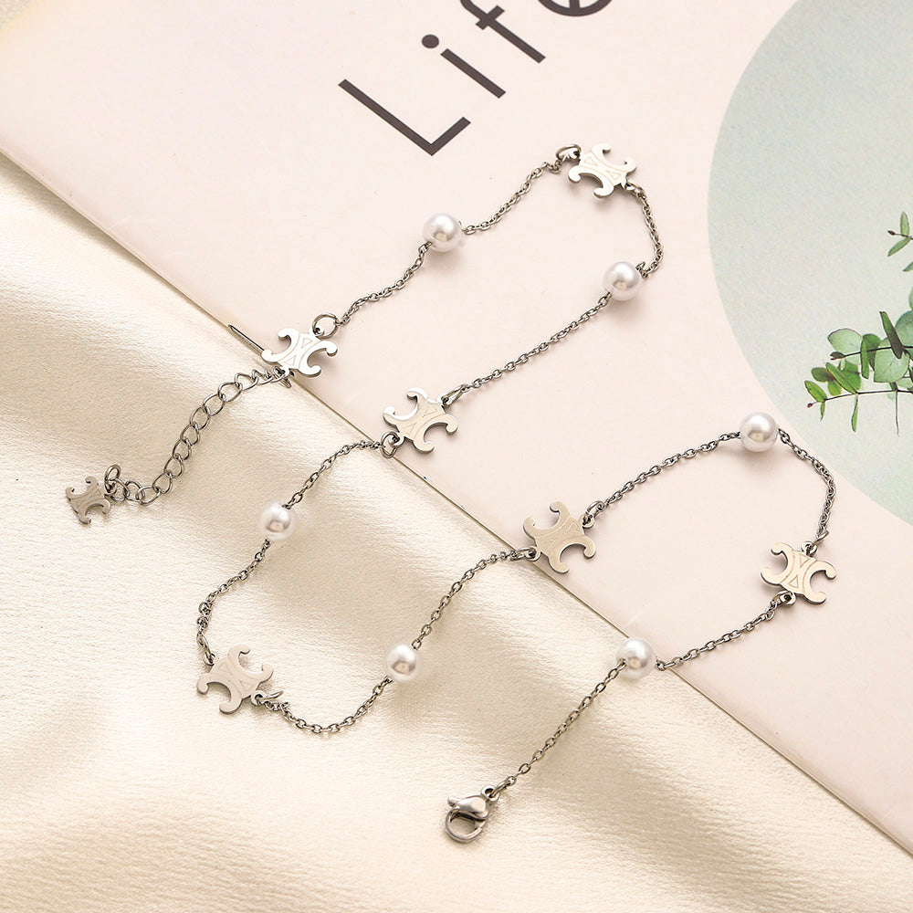 304 Stainless Steel White Bead & Quatrefoil Necklace