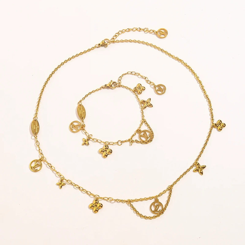 304 Stainless Steel Draped Floral Charm Bracelet & Necklace - Individual or Set