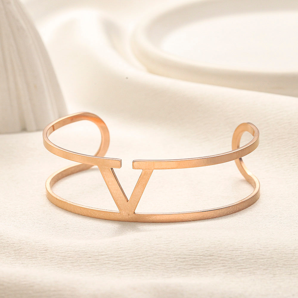 304 Stainless Steel Double Band V-Motif Cuff Bracelet