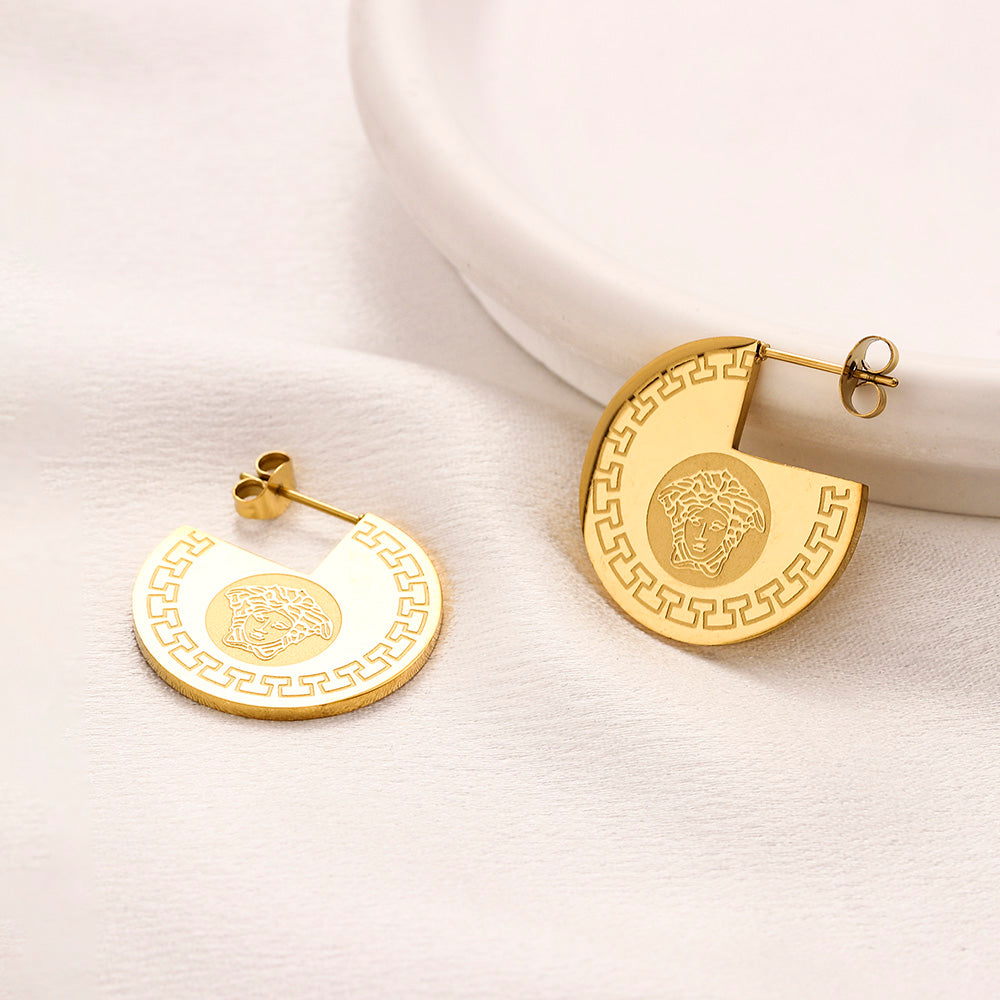 304 Stainless Steel Greek-Key Medallion Hoop Earrings
