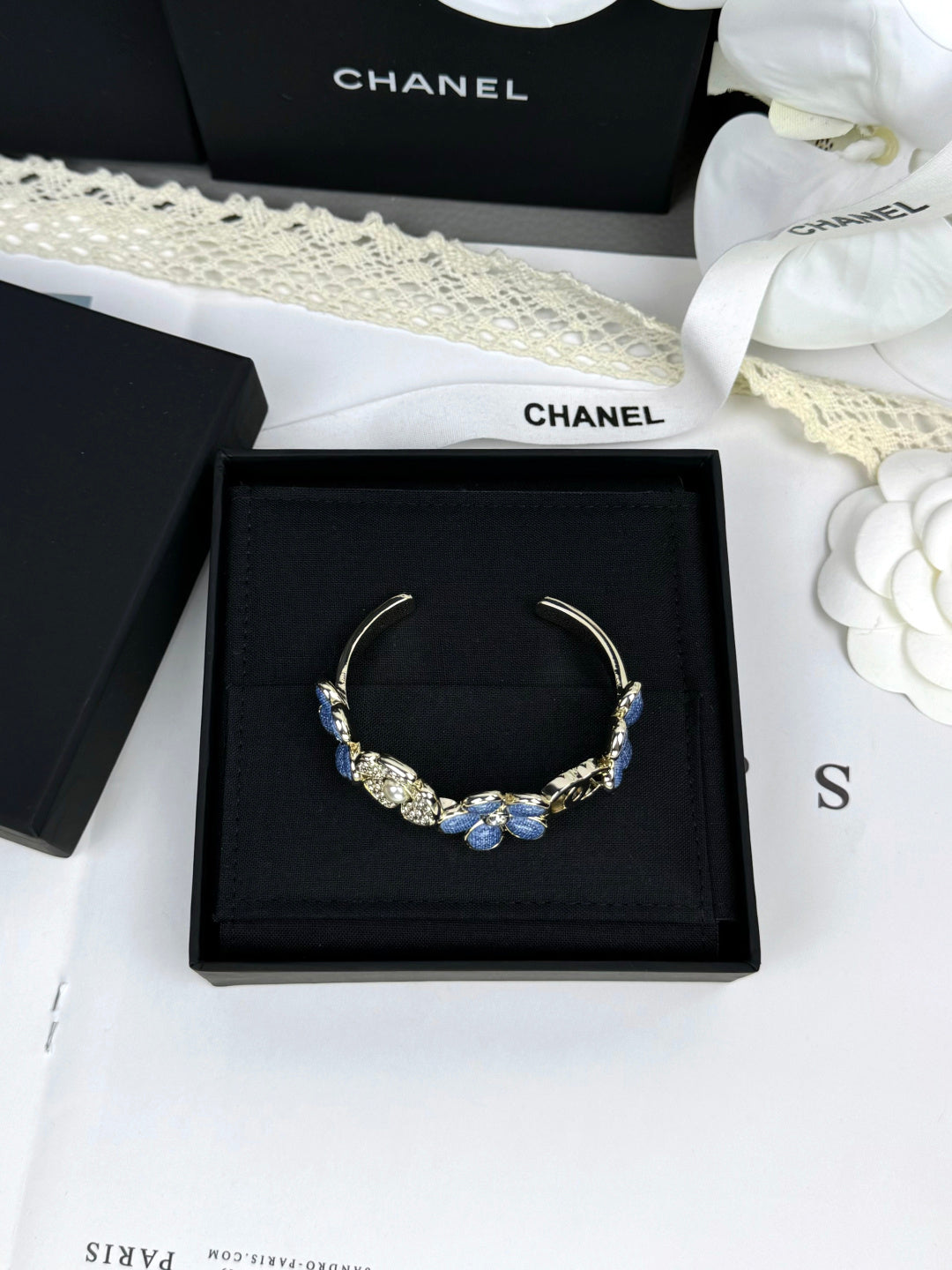 Blue Flower Interlocking-C Cuff Bracelet