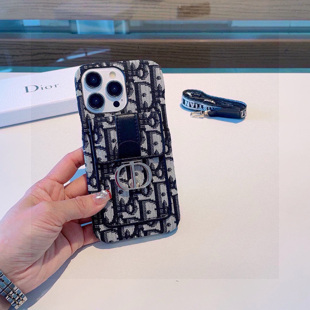 Funda para teléfono con tarjetero, monograma y correa estampada