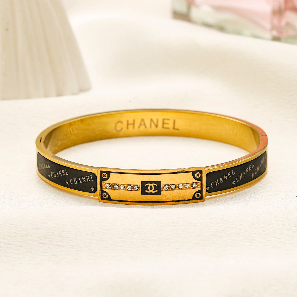 304 Stainless Steel Black Inlay Rectangle-Accent Bangle Bracelet