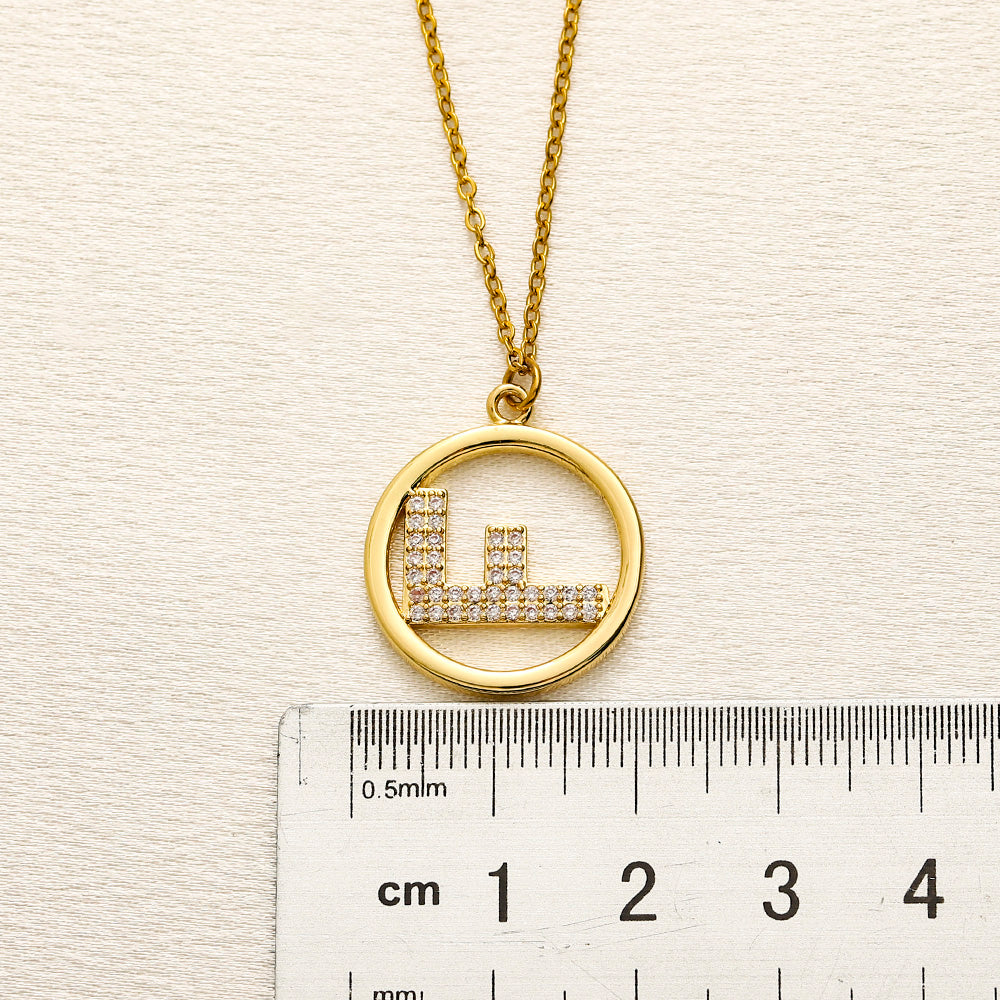304 Stainless Steel Pave F-Motif Circle Pendant Necklace