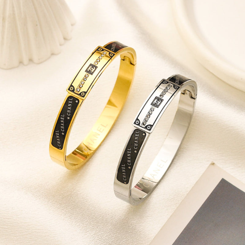 304 Stainless Steel Black Inlay Rectangle-Accent Bangle Bracelet