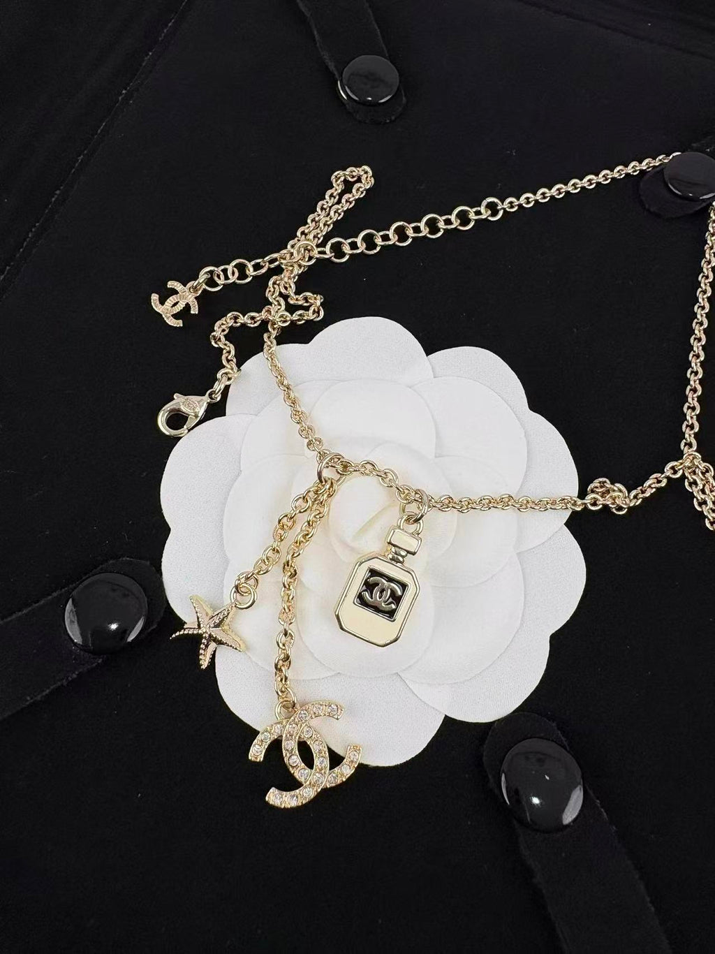 Gold Tone Multi-Charm Long Sweater Necklace, Perfume Bottle & Starfish Pendants