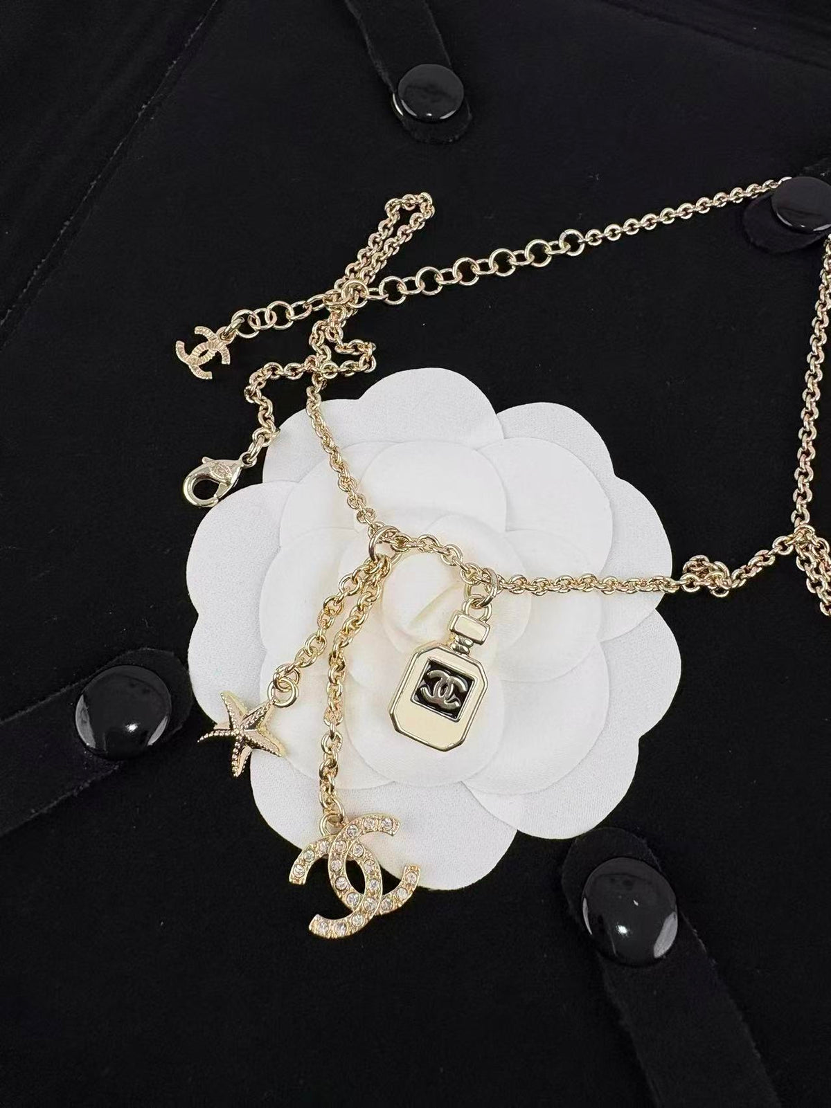 Gold Tone Multi-Charm Long Sweater Necklace, Perfume Bottle & Starfish Pendants