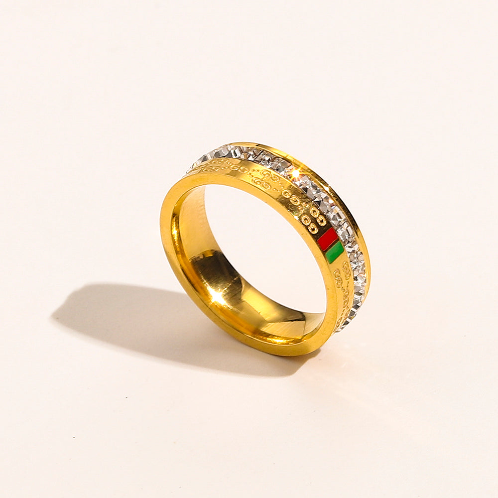 304 Stainless Steel Web Stripe Band Ring with Stone Accents
