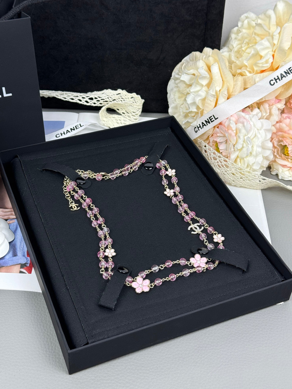 Long Sweater Necklace, Pink Floral Resin Pendant