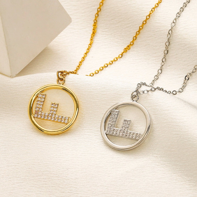 304 Stainless Steel Pave F-Motif Circle Pendant Necklace