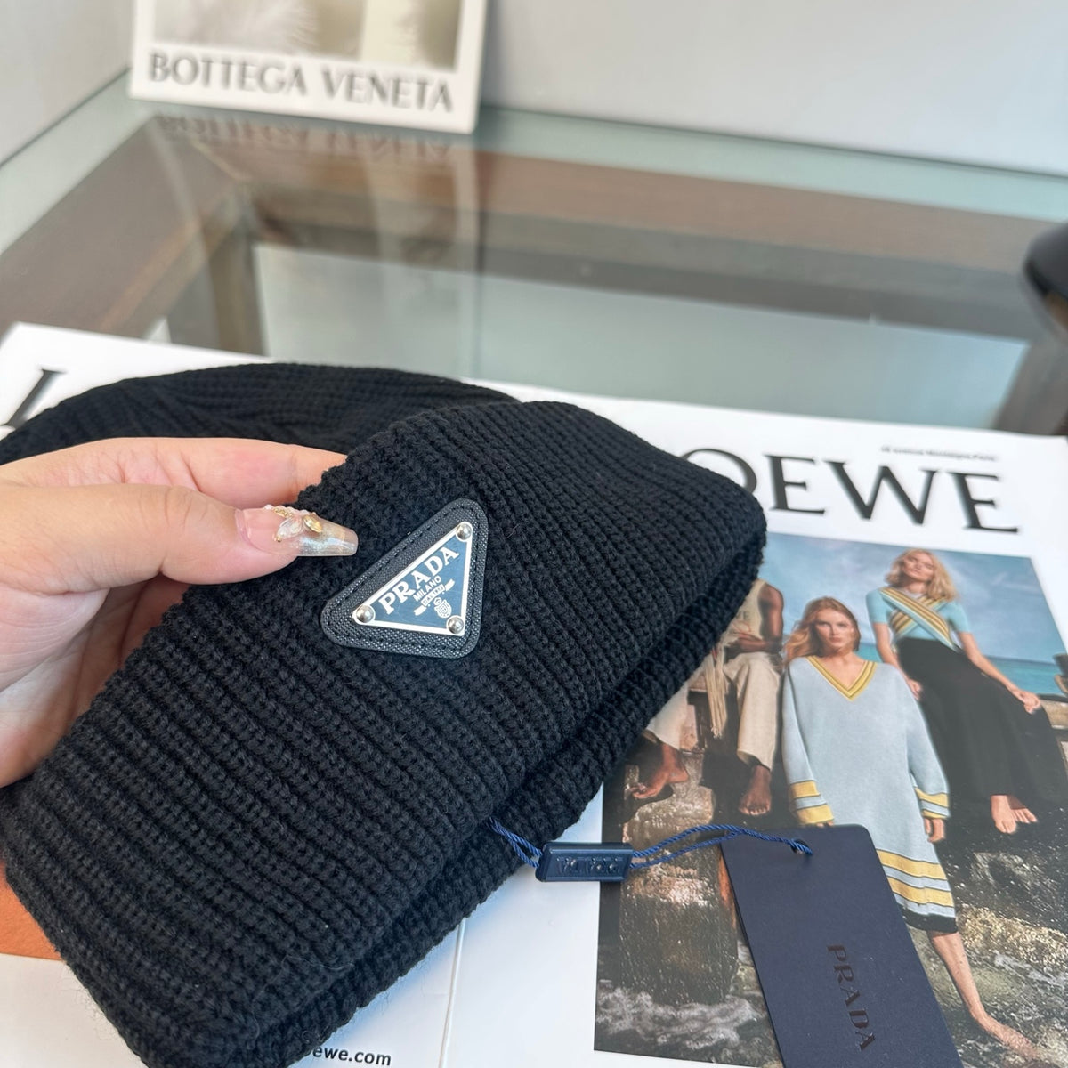 Ribbed Knit Beanie with Triangle Emblem
