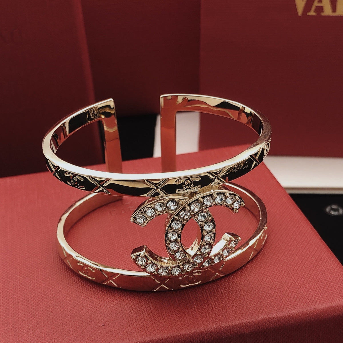 Wide Pave Interlocking-C Cuff Bracelet