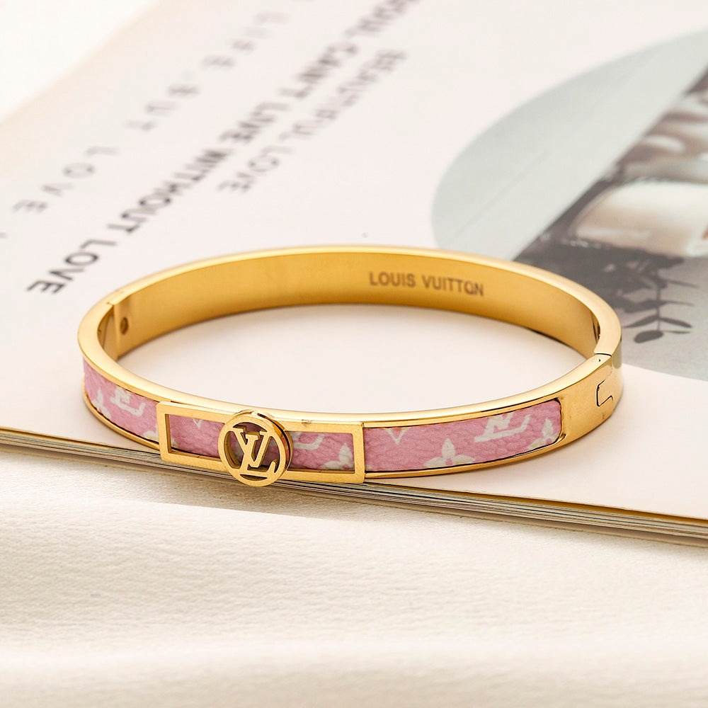 304 Stainless Steel Color-Inlay Round Monogram Bangle Bracelet