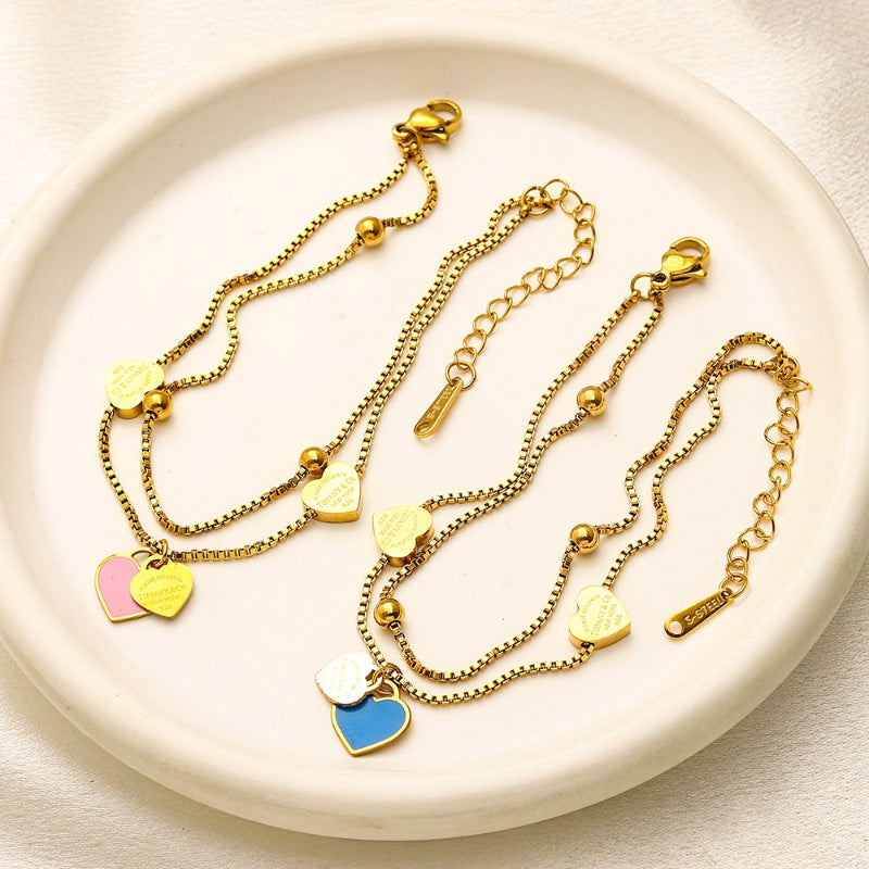 304 Stainless Steel Double Heart Charm Chain Bracelet
