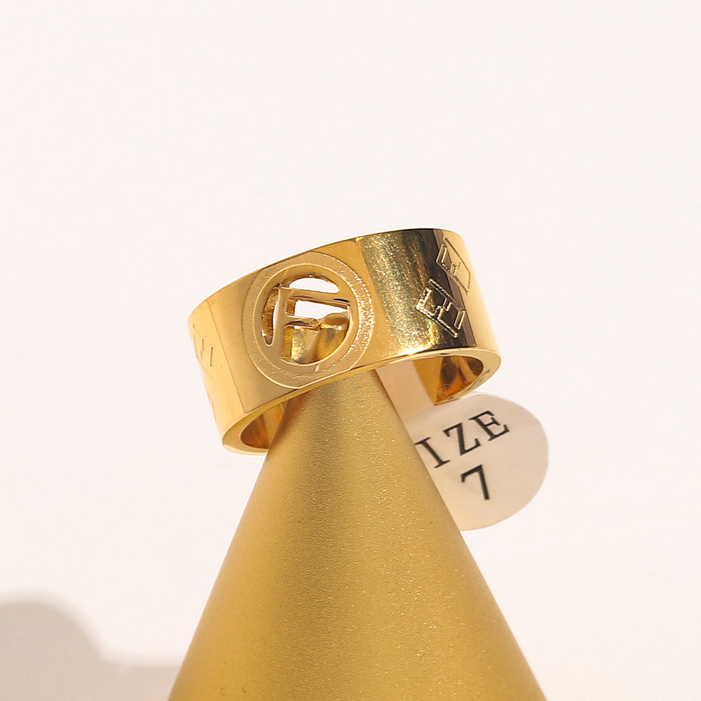 Round F-Motif Wide Band Ring