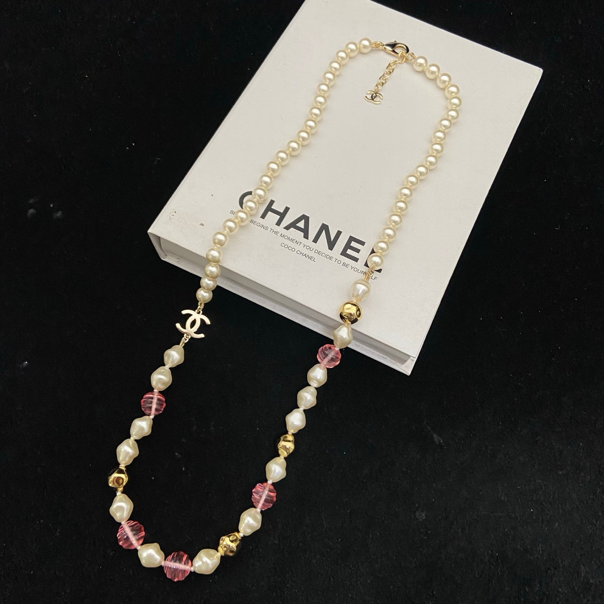 Red & Pearl-Look Bead Monogram Necklace