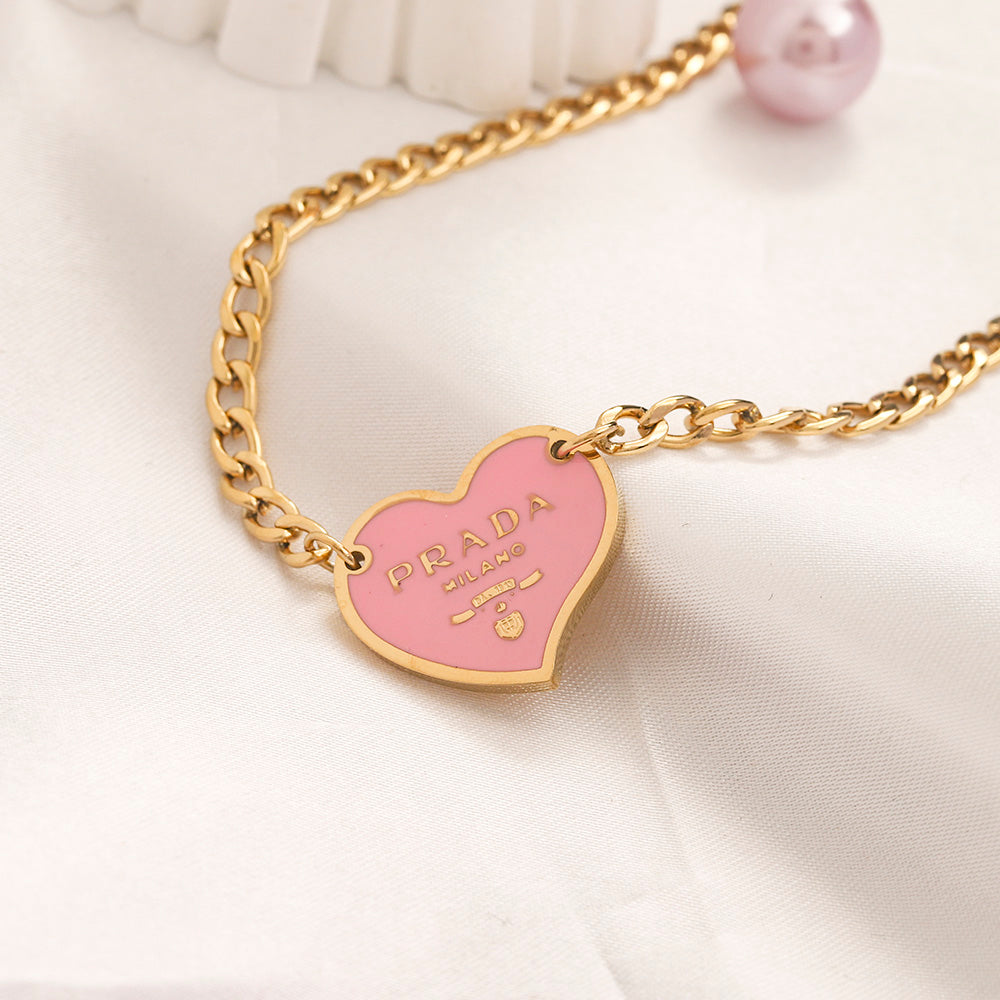 304 Stainless Steel Color-Inlay Heart Pendant Curb Chain Necklace