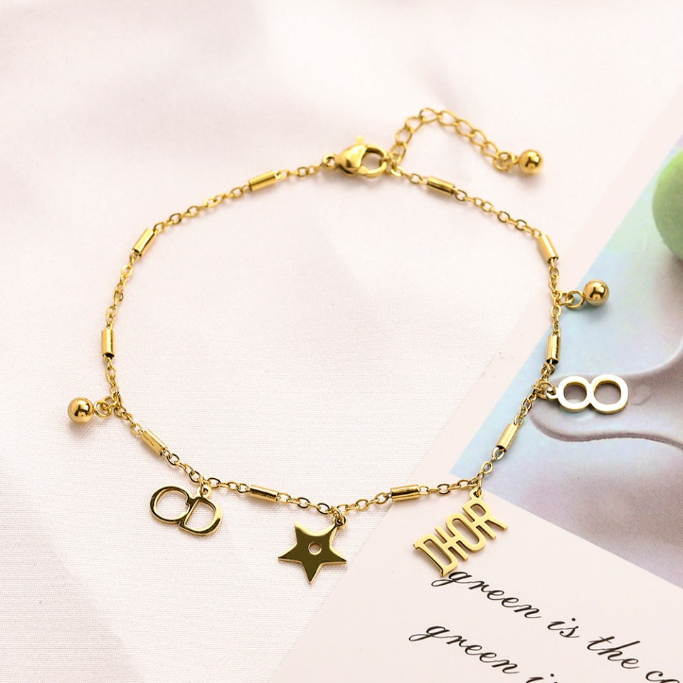 304 Stainless Steel Letter & Open Circle Charm Anklet