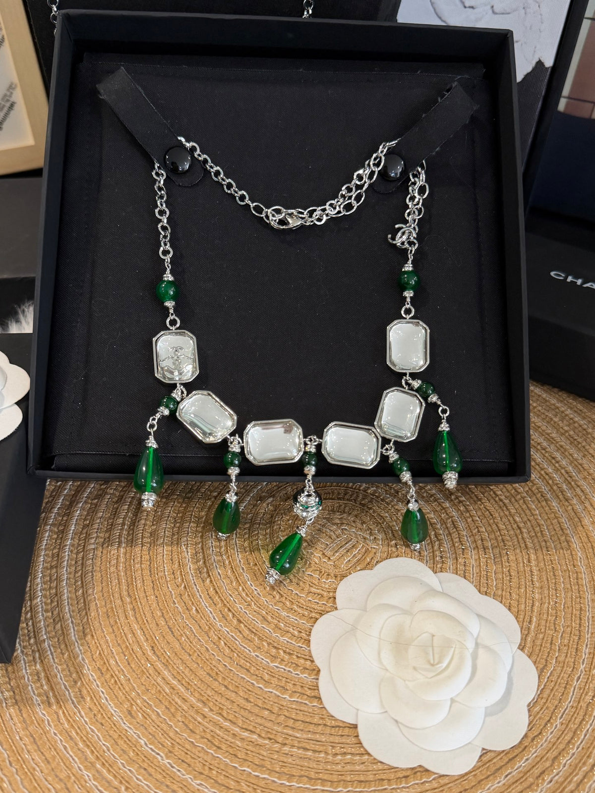 Vintage Geometric Pendant Necklace with Square, Emerald Teardrop & Clear Sugar-Cube Charms
