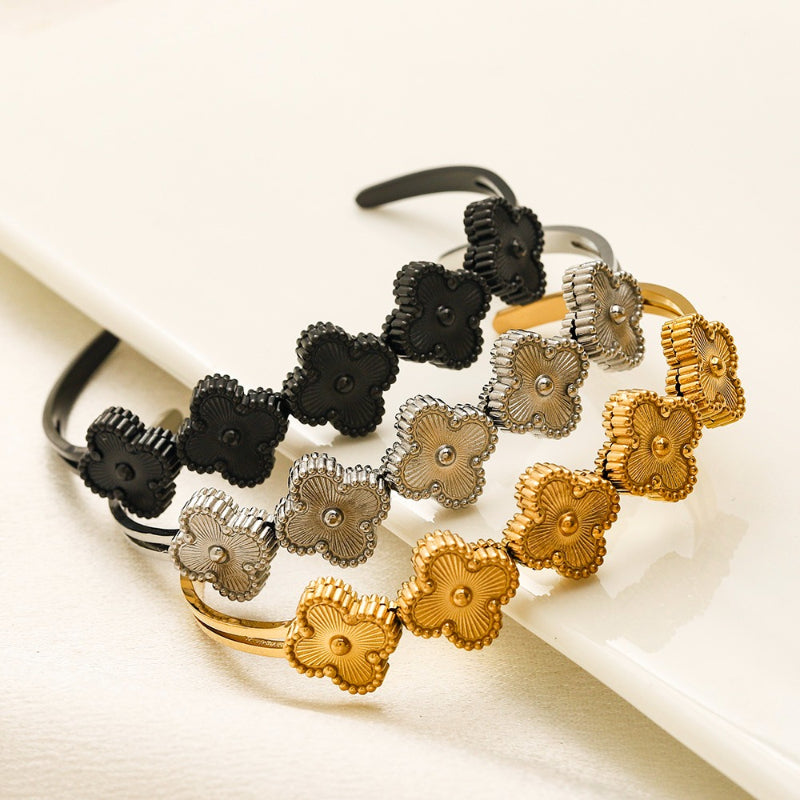 304 Stainless Steel Fluted Quatrefoil Open Cuff Bracelet