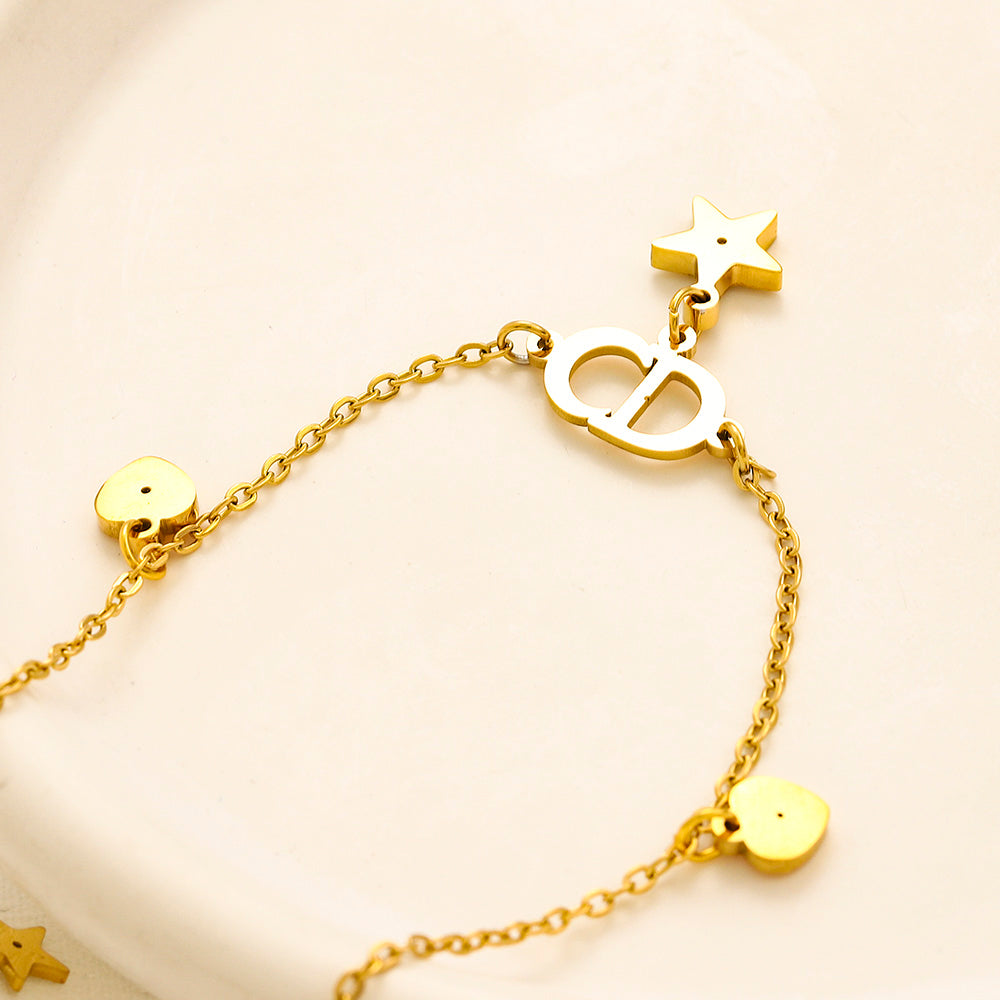 304 Stainless Steel Flower & Round Charm Anklet