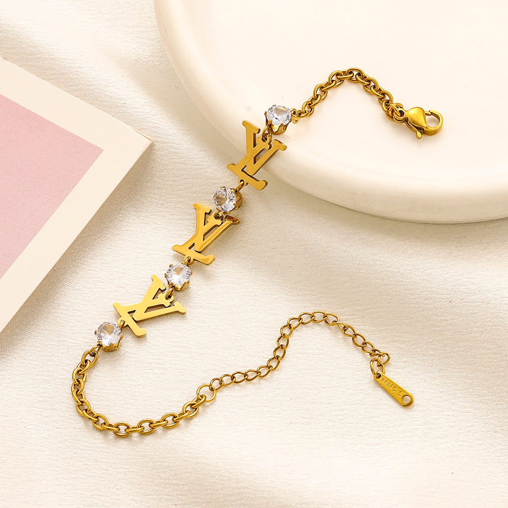 Bracelet chaîne en acier inoxydable 304 avec monogramme et pierre ronde
