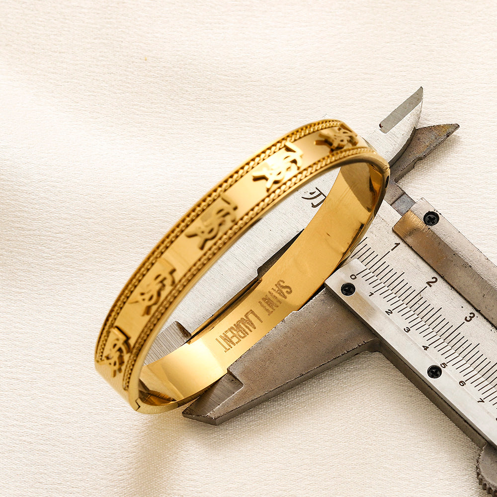 304 Stainless Steel Engraved Pave-Edge Bangle Bracelet
