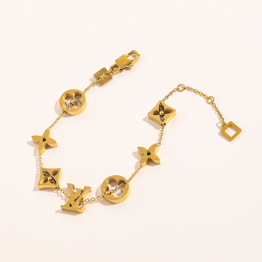 304 Stainless Steel Geometric Floral Monogram Link Bracelet